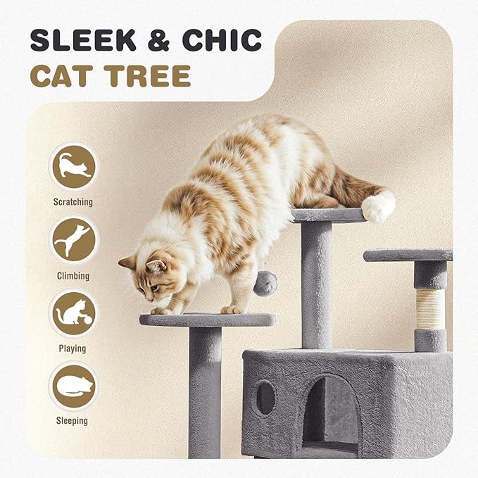 Cat Tree 54 Inch, Multi-Level Cat Tower with Condo, Perches, Sisal Scratching Posts and Climbing Ladder, Pet Play Toy Balls House for Indoor Cats, Light Grey