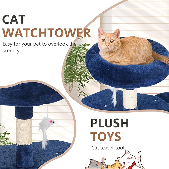FDW | 36" Cat Tree Tower | Navy Blue | Multi-Level Indoor Activity Center with Sisal Scratching Posts, Condos, Plush Perches, Hanging Cat Toys | Sturdy, Easy to Assemble | for Kittens & Adult Cats