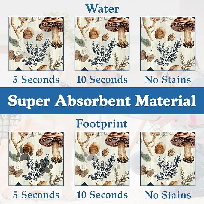 Vintage Mushroom Floral Dog Cat Food Mat–Christmas Stocking Absorbent Waterproof Placemat for Food and Water Bowls, Non Slip Rubber Backing, Feeding Mat for Clean Floors 12"x20"
