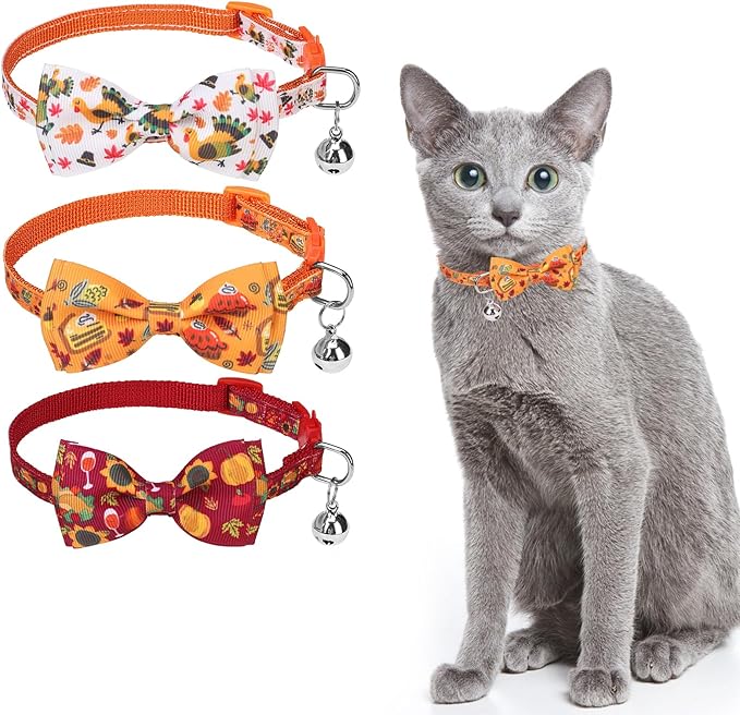 SCENEREAL Thanksgiving Cat Collar Breakaway, 3 Pack Kitten Collars with Bell, Bowtie and Safety Buckle - Adjustable Cute Holiday Cat Collars with Turkey and Pumpkin Pattern for Girl Boy