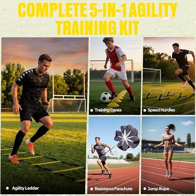 Agility Ladder, Soccer Football Training Equipment Set - 20ft Speed Ladder, 4 Hurdles,Parachute, 12 Cones & Jump Rope | Agility & Speed Training for Kids Youth Adults,Basketball & Football Accessories