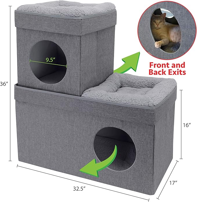 Kitty City Large Stackable Cat Condo & Cube House, Modular Indoor Cat Furniture with Plush Washable Beds, Collapsible Cat Cave & Lounging Ottoman, Grey
