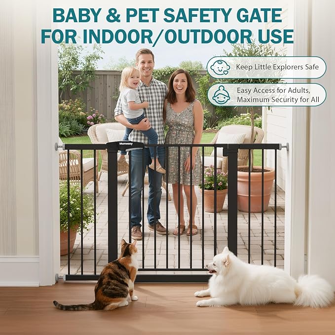 Mumeasy 29.7–48" Baby Gate for Stairs, Dog Gate for Doorways, Auto Close Child Gate, Indoor Safety Pet Gate with Walk Thru Door, Easy Install Pressure Mounted Extra Wide Gate for Kitchen, House, Black