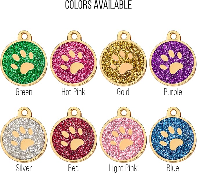 Paw Shape Dog ID Tag Stainless Steel Custom Laser Engraved, Cute Bling Glitter Pet Name Tags Personalized with Durable Engraving (Gold Sparkly Round Paw)