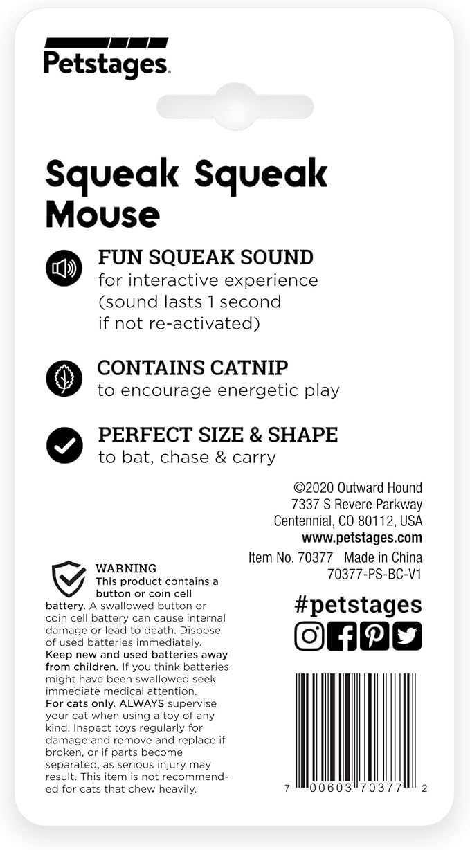Catstages Squeak Squeak Mouse Cat Toy with Touch-Activated Sound & Catnip,Gray,(Pack of 2)