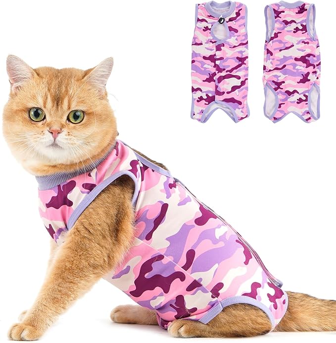 Avont Cat Recovery Suit - Kitten Onesie for Cats After Surgery, Cone of Shame Alternative Surgical Spay Suit for Female Cat, Post-Surgery or Skin Diseases Protection -Purplecamo(S)