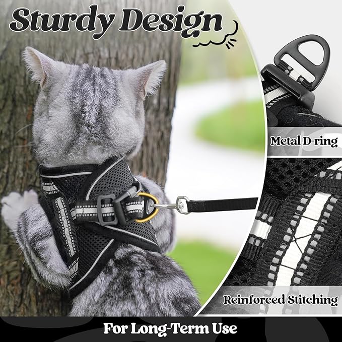 rabbitgoo Cat Harness and Leash Set for Walking Escape Proof, Adjustable Soft Kittens Vest with Reflective Strip for Cats, Comfortable Outdoor Vest, Black, M