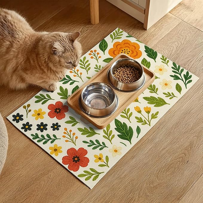 Trendy Flower Pattern Pet Feeding Mat Spill-Proof Feood Pad for Food and Water Bowls Non-Slip Placemat for Pet Areas Easy Clean Fast Dry Mat for Cats Kittens & Small Dogs 20" x 12"