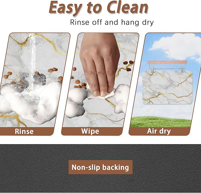 Marble Dog Food Mat for Floors,White Gold Marble Absorbent Quick-Dry Pet Feeding Mat,Cat Dog Bowl Mats for Food and Water,Non-Slip Pet Accessories Supplies 12"x20"