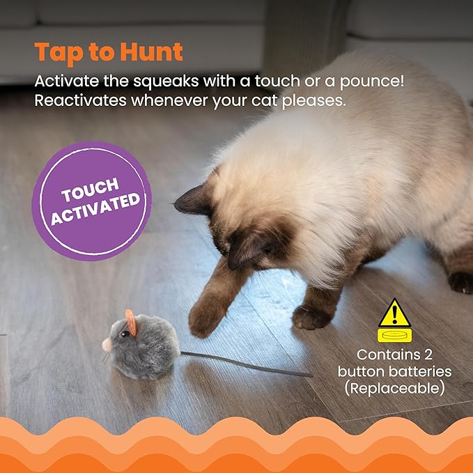 Catstages Squeak Squeak Mouse Cat Toy with Touch-Activated Sound & Catnip,Gray,(Pack of 2)