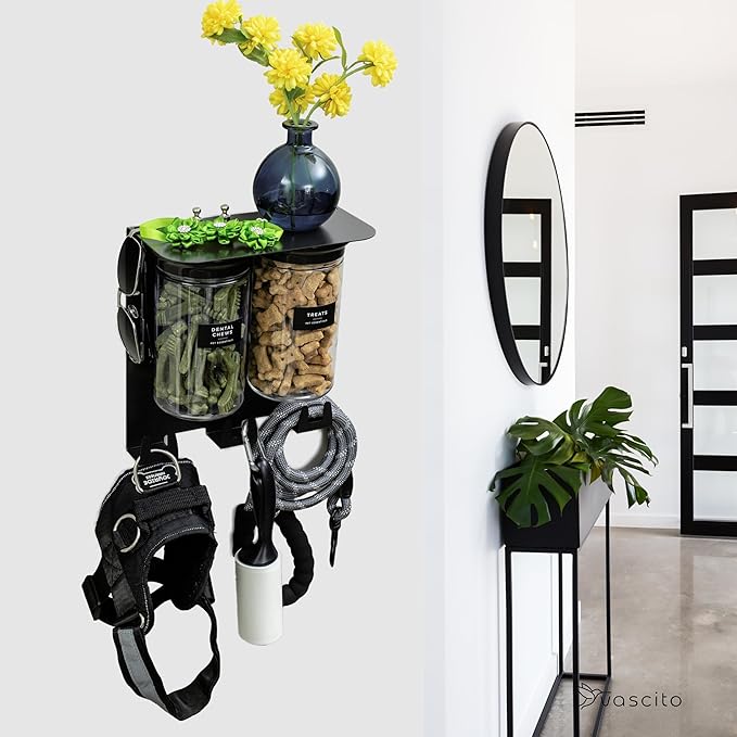 Dog Treat Holder For Wall Storage For Pets, Premium Pet Wall Organizer, Includes Two 32oz Airtight Dog Treat Jar, 3 Sets of Triple Hooks, Sturdy Shelf in Modern Black