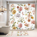 4 PCS Spring Floral Birds Bathroom Set with Shower Curtain and Rugs 72Wx72H Inch Flower Plant Watercolor Non-Slip Bath Rug Toilet Lid Cover and U Shape Mat Accessories 12 Hooks Bathoom Decor