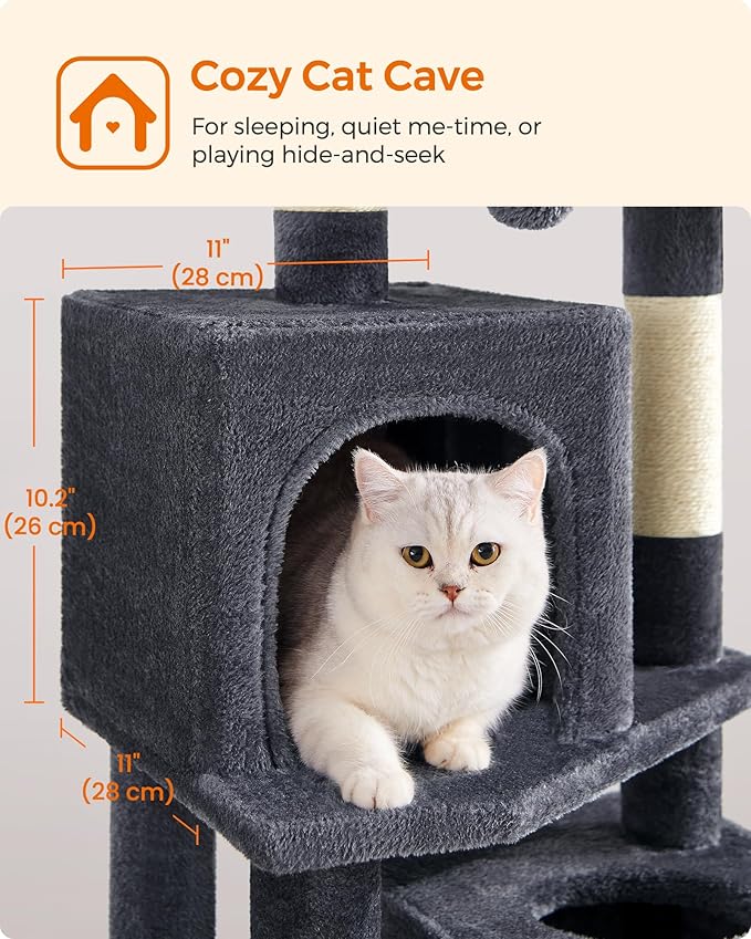 Feandrea Cat Tree, 59.5-Inch Tall Cat Tower, Plush Multi-Level Condo with 5 Scratching Posts, 2 Perches, 2 Caves, Hammock, 2 Pompoms, Smoky Gray UPCT192G01