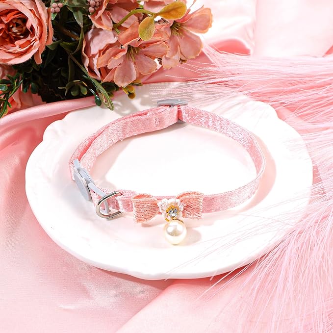 Cat Collar Breakaway, Adjustable Pink Cat Collar with Pearl Pendant, Cute Cat Collars with Safety Buckle Pink Bowtie Kitten Collars for Girl Cats