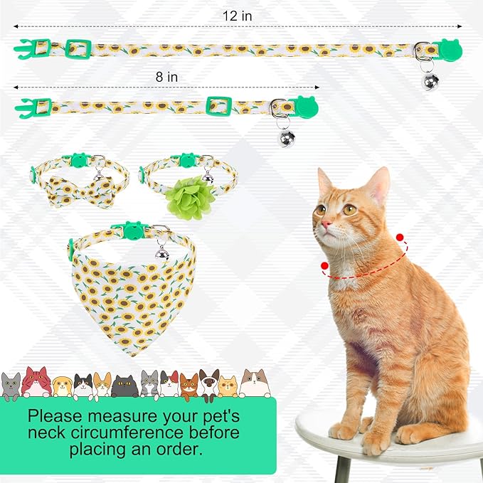 Breakaway Cat Collars with Bell & Cute Pendants - 3 Pack Adjustable Safety Kitten Collars - Decoration for Girl Boy Cats Puppy and Small Pets (Style C - Sunflower)
