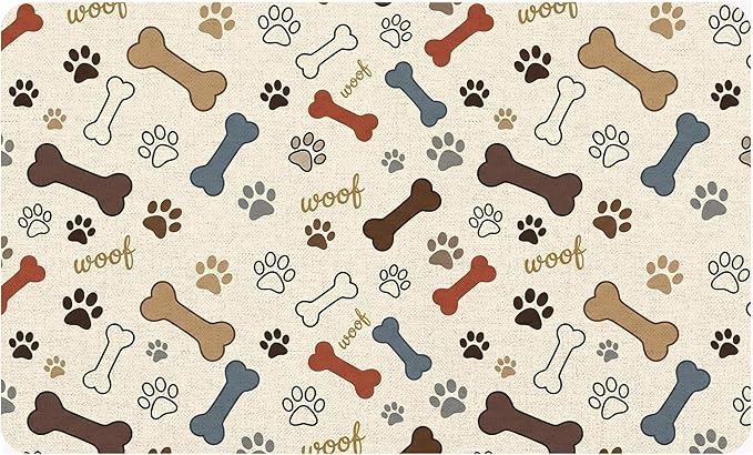 Dog Feeding Mat 20 x 12 Inch, Neutral Paw Bone Woof Dog Placemat Absorbent Quick-Dry for Food and Water, Waterproof Non Slip Rubber Pet Bowl Pad Mat for Floors