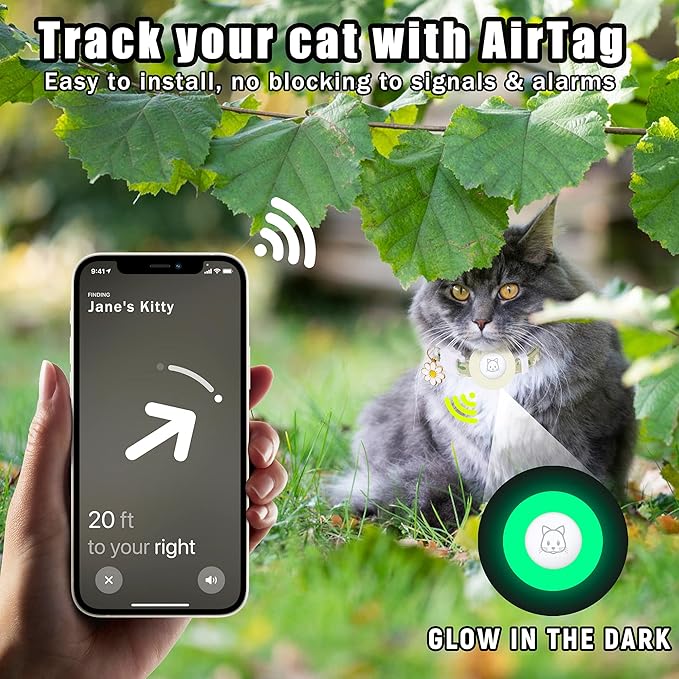 Airtag Cat Collar, JXFUKAL Kitten Collar Breakaway with Silicone Airtag Holder, Bells & Flower Charm for Girl Cats Boy Cats Small Dogs(Luminous Green)