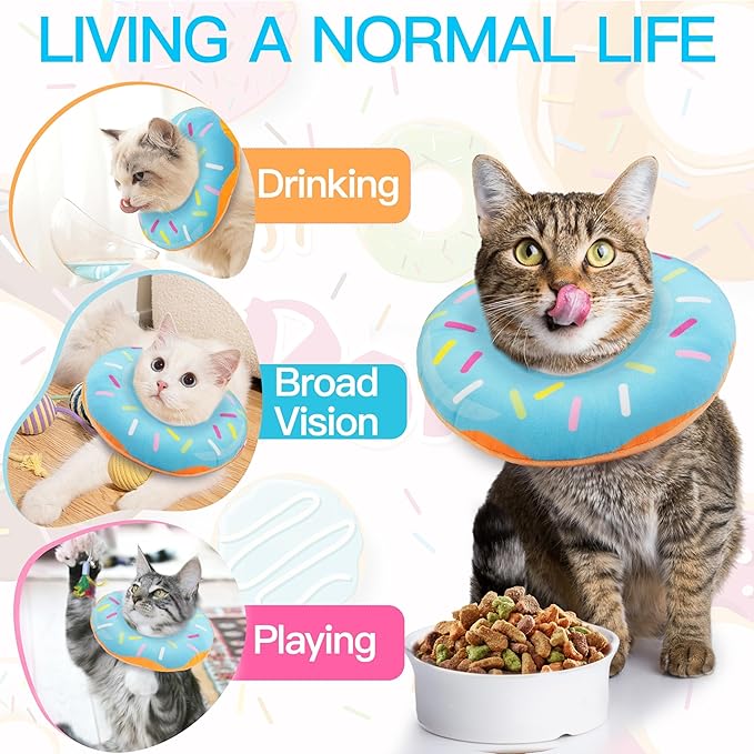 Cat Cone Collar Soft, Cute Cat Donut Collar After Surgery, Adjustable Kitten Recovery Cones to Stop Licking, Lightweight Neck Elizabethan Collars for Cats Kittens (Blue, Medium)