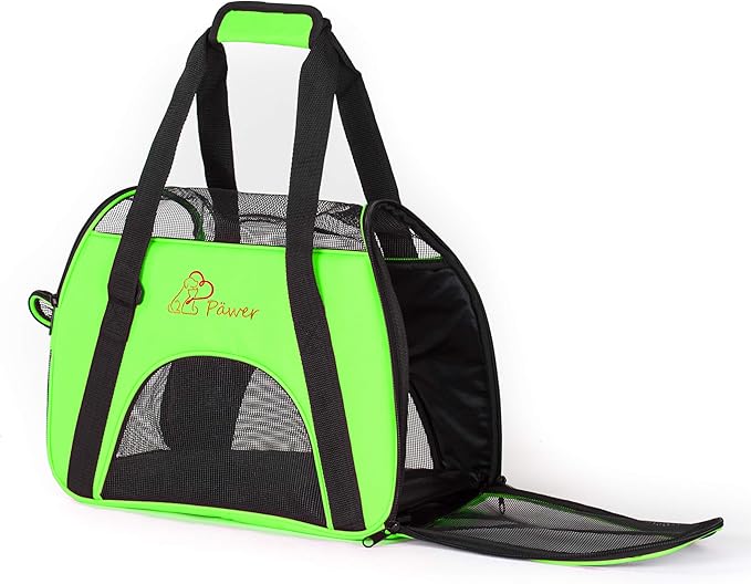 Pawer Soft-Sided Pet Carrier for Cat and Small Dog,Bright Green Color,Medium Size,Washable Cloth Airline Approved Travel Tote,with 2 Mesh Opens and a Strap for Carry,Multiple Colors Available
