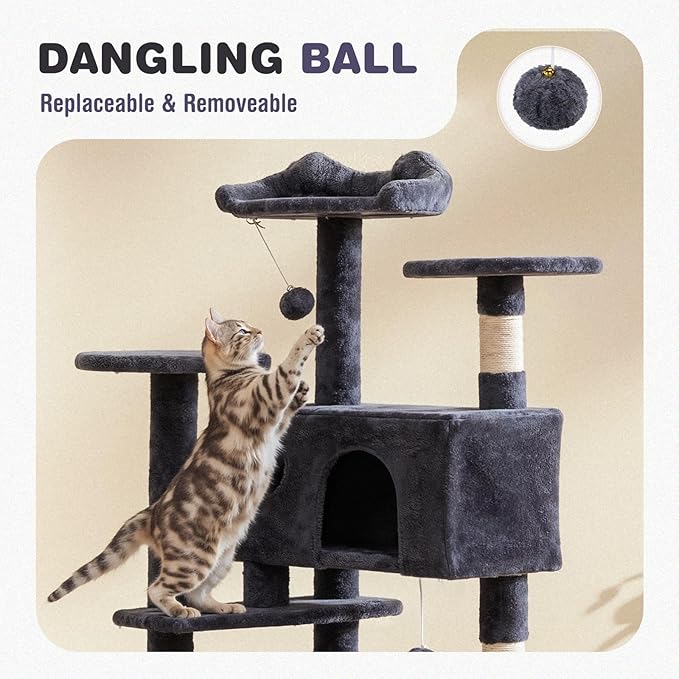 Cat Tree 54 Inch, Multi-Level Cat Tower with Condo, Perches, Sisal Scratching Posts and Climbing Ladder, Pet Play Toy Balls House for Indoor Cats
