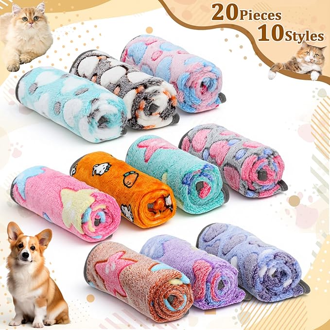 20 Pcs Puppy Blanket Bulk Soft Fluffy Flannel Pets Fleece Blankets for Small Dogs Throw Warm Bed Washable Sleep Mat Bed for Shelter Stray Dog Puppy Cat, 16x24 Inches