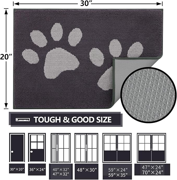 Buganda Dog Door Mat for Muddy Paws, Absorbent Dirt Trapper Washable Indoor Doormats, Non Slip Low-Profile Mud Mat for Dogs, Front Entrance Doormat for Inside Floor (59x24 Inches, Dark Grey)