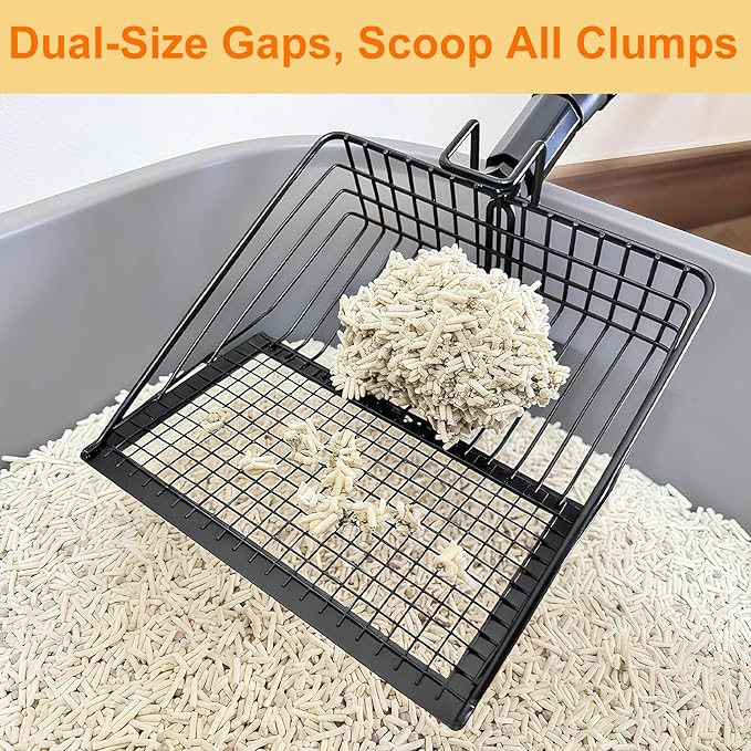 Cat Litter Scoop with Extendable Long Handle, 22.2"-42.5" No Bending Back Metal Kitty Litter Scoop, Large Non-Stick Wide Flat Head Heavy Duty Cat Pooper Scooper