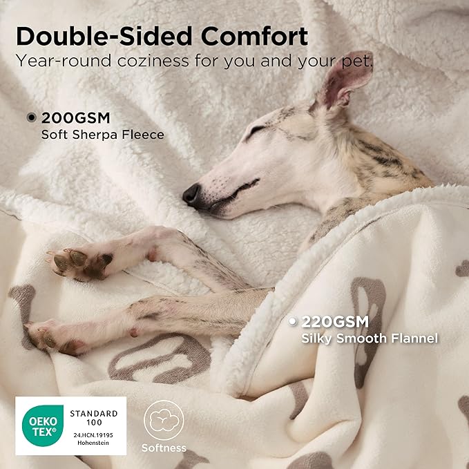 Bedsure Waterproof Blanket for Bed - Soft Print Sherpa Fleece Pet Cat Dog Blankets for Large Dogs Couch Protection, Soft Plush Reversible Furniture Protector, Twin Size, 60"x80", Beige