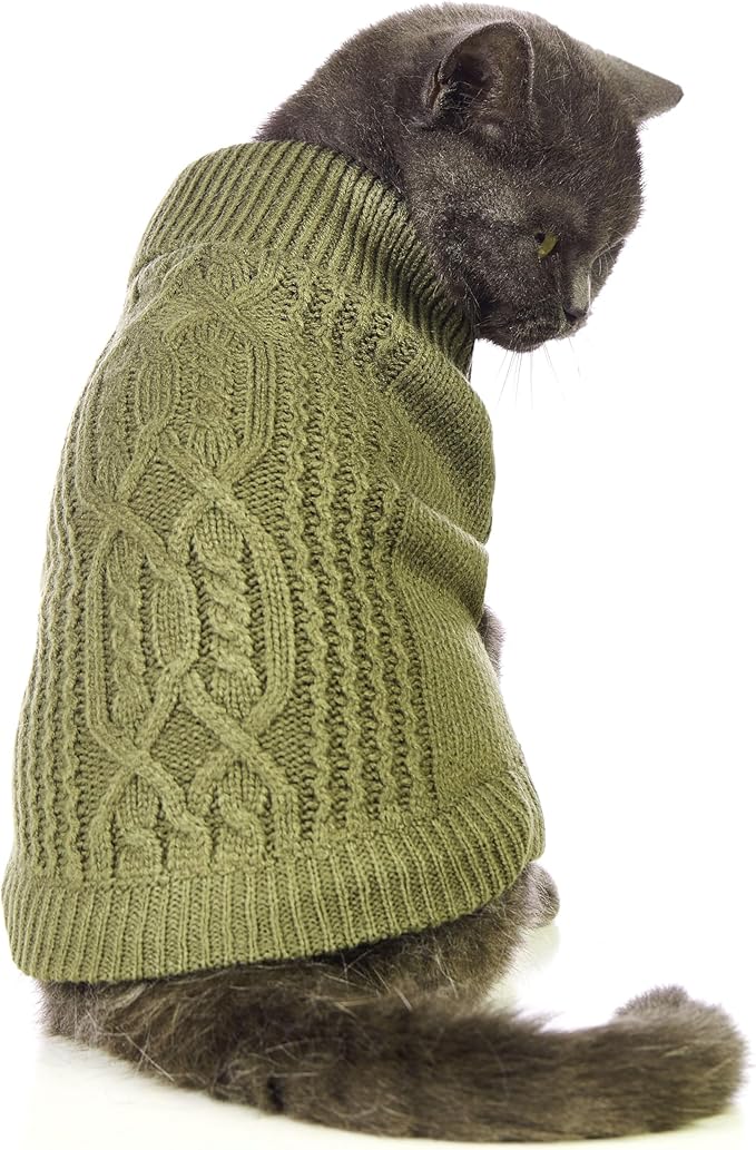 Stretchy Cat Sweater - 17 Colors & 6 Sizes | Snug Winter-Ready Knit for Boy/Girl Cats & Kittens (Olive Green, X-Small)