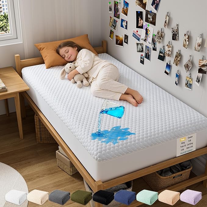 OhGeni 100% Waterproof Mattress Protector,Twin Size Mattress Soft Pad,Pet Hair & Bedwetting Resistant,Cooling Breathable Fitted Sheets,Washable Bed Cover,Non-Slip Deep Pocket,Noiseless for Kids Rooms