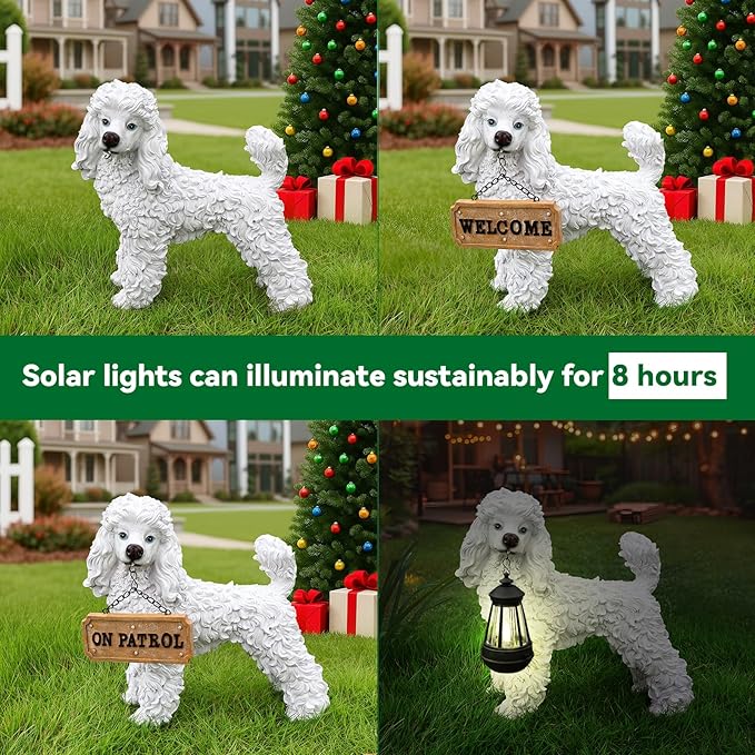 Poodle Statue Outdoor Decorations – Dog Statues Outdoor Standing White Poodle with Removable Solar Light & Welcome Sign for Lawn Décor