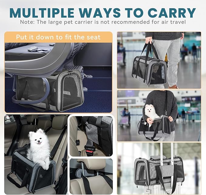 19 x 12 x 12 Large Cat Car Carrier – Roomy Escape-Proof Cat Car Seat for Safe Driving, Lockable Zippers & Safety Tether, Soft-Sided Travel Carrier for Road Trips & Vet Visits