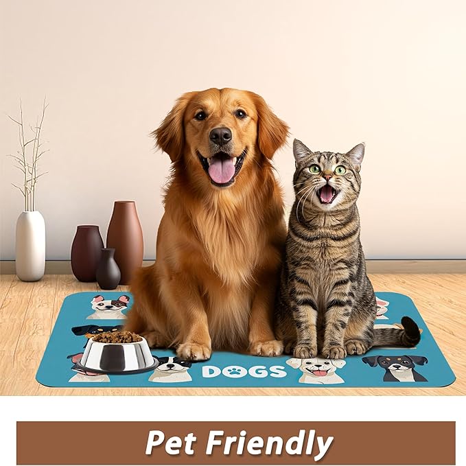 Cute Dog Cat Food Mat,Absorbent Pet Feeding Mat with Rubber Backing,Non-Slip Water Bowl Placemat,Indoor Pet Accessories Supplies 16"x24"