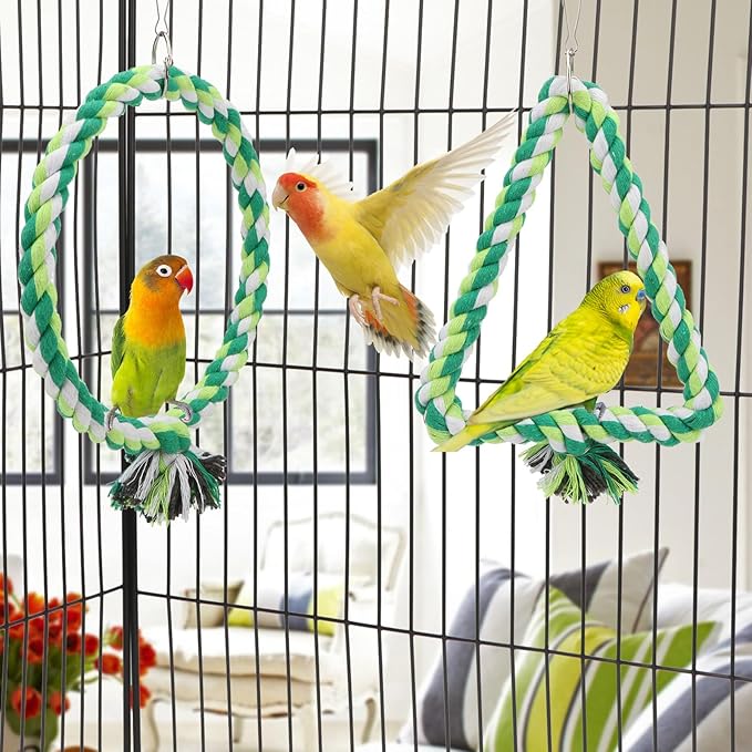 Wontee Bird Swing Bird Rope Perch Parrot Climbing Stand for Parakeets Budgies Cockatiel Conure Quaker Caique (S(5.9IN, 7.1IN))