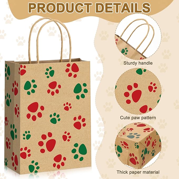 Blulu 20 Pcs Puppy Dog Paw Gift Bags with Paper Twist Handles, Dog Gift Paper Paw Treat Goodie Bags for PET Treat Party Favor, 6.3 x 3.1 x 8.6 Inch (Kraft Backing, Red Green Paws)