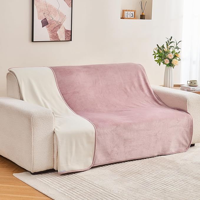 Waterproof Blanket 80"x90" for Adults, Reversible Waterproof Bed Cover for Dogs Cats Pets, Soft Leakproof Blanket for Bed Couch Sofa Furniture Protector, Dusty Pink/Off White