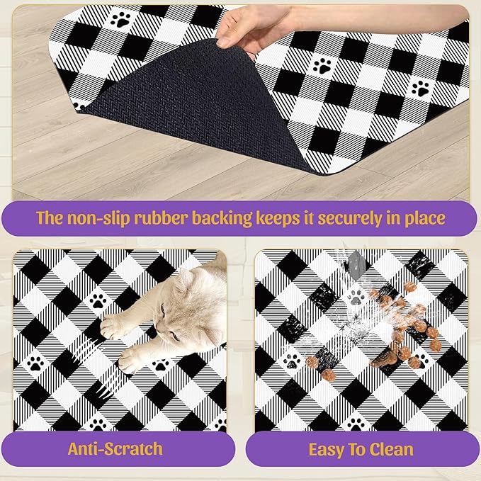 Cat Checked Plaid Dog Cat Food Mat, Absorbent Feeding Mat with Fast-Dry Surface, Rubber Backing for Messy Drinkers – 16x24 Inch