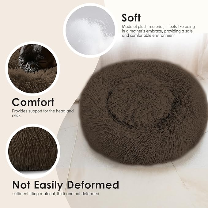 Dogs Bed for Small Dogs, Anti-Anxiety Washable Round Bed (Coffee, 24.0" L x 24.0" W x 8.0" Th)