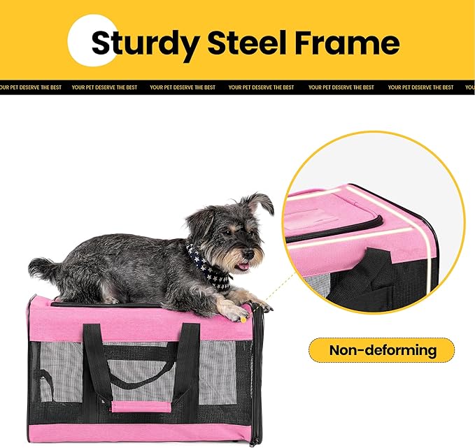 Cat Carrier Airline Approved, Soft-Sided Dog Carrier with Inner Safety Leash, Pet Transport Carrier for Small-Medium Cats Puppies up to 15 Lbs, Collapsible Travel Kitten Carrier Bag -Pink M