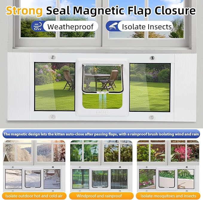 Full Size Window Pet Door for Cats & Small Dogs 31"-36" Various Sliding Windows, 4 Flexible Locking Modes, High-Definition, high-Transparency cat Door for Windows, Magnetic Reset Design