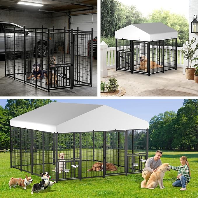 LOVMOR Outdoor Dog Kennel with Roof, Heavy Duty Steel Dog Run Enclosure for Medium Dogs, Waterproof Canopy, Double Latch Door, Adjustable Feeding Bowls, Pet Pen for Yard and Patio, 8’L x 4’W x 5.6’H