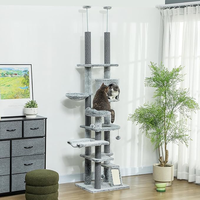 PawHut Floor to Ceiling Cat Tree, 89"-100" Adjustable Height Cat Climbing Tower Activity Center for Indoor Cats with Cat Perch, Condo, Hammocks, Scratching Posts & Ramp, Gray