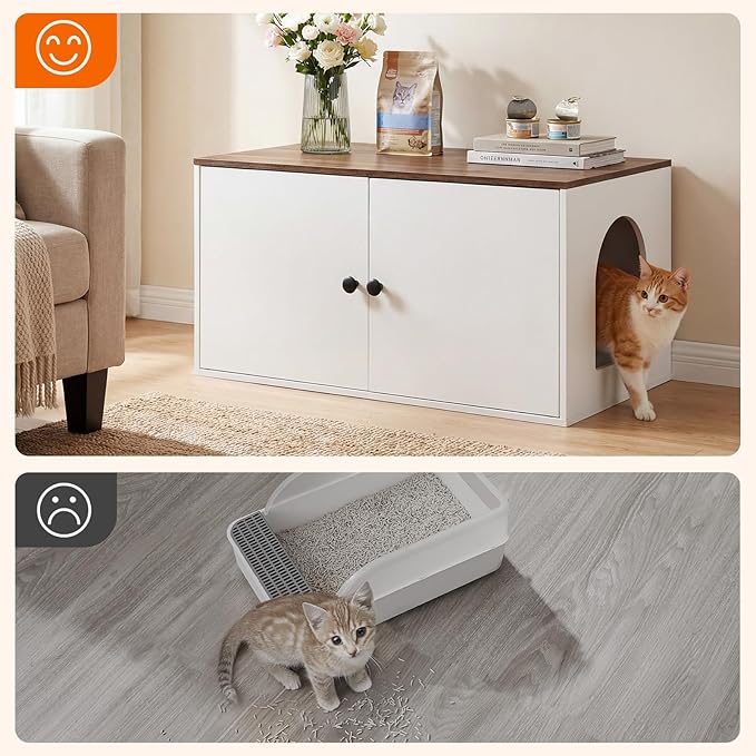 HOOBRO Cat Litter Box Enclosure, Hidden Litter Box Furniture with Side Entry, Litter Box Cabinet, Indoor Cat House, End Side Table, 31.5" L x 17.7" W x 16.3H, for Bathroom, White and Walnut WH40MW01