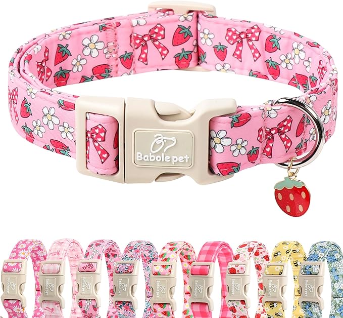 Strawberry Bow Dog Collar for Puppy Small Dogs - Cute Pink Spring/Summer Girl Dog Collars, Lightweight Adjustable Female Girly Dogs Collars with Quick Release Buckle XS