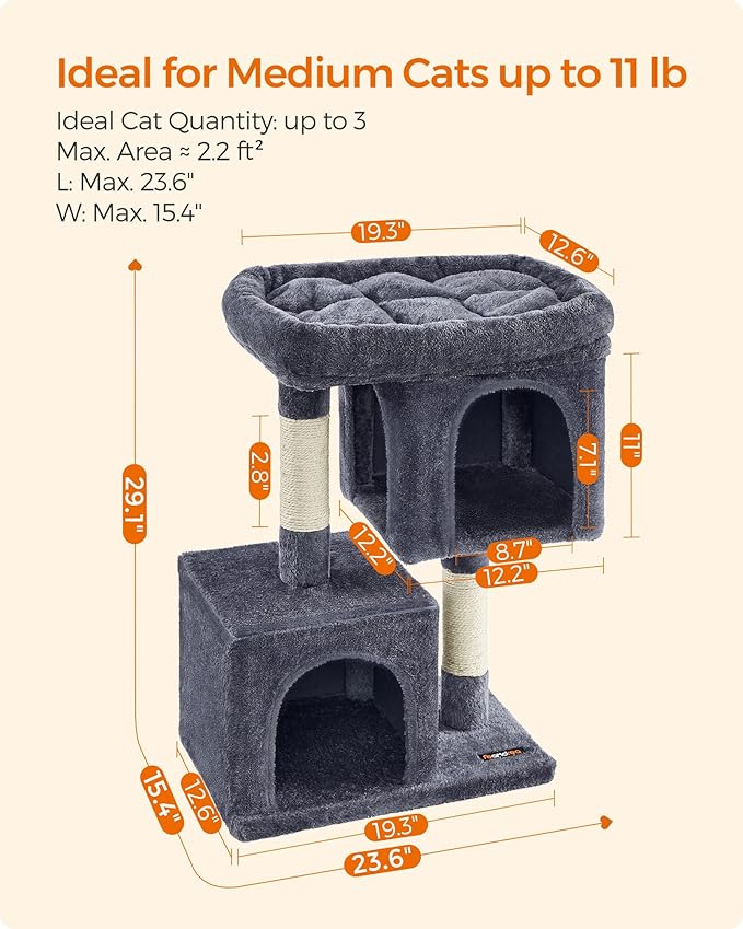 Feandrea Cat Tree, 29.1-Inch Cat Tower, Plush Condo for Medium Cats up to 11 lb, Large Perch, 2 Caves, Scratching Post, Smoky Gray UPCT612G01