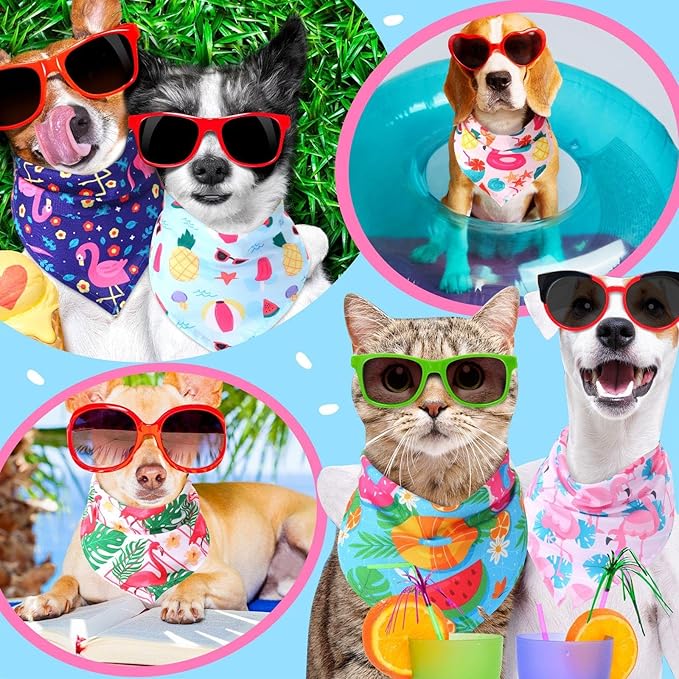 Sweetude 100 Pieces Hawaiian Dog Bandanas Bulk,Summer Bandanas for Dogs Fruit Flamingo Palm Leaves Pattern Pet Triangle Scarf Puppy Kerchief Bibs for Medium Small Pets Summer Costume Accessories