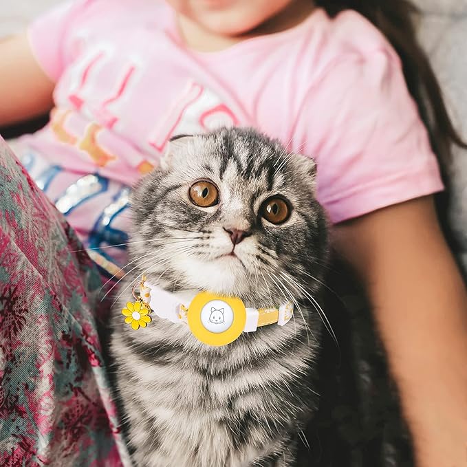 Airtag Cat Collar, JXFUKAL Kitten Collar Breakaway with Silicone Airtag Holder, Bells & Flower Charm for Girl Cats Boy Cats Small Dogs(Yellow)