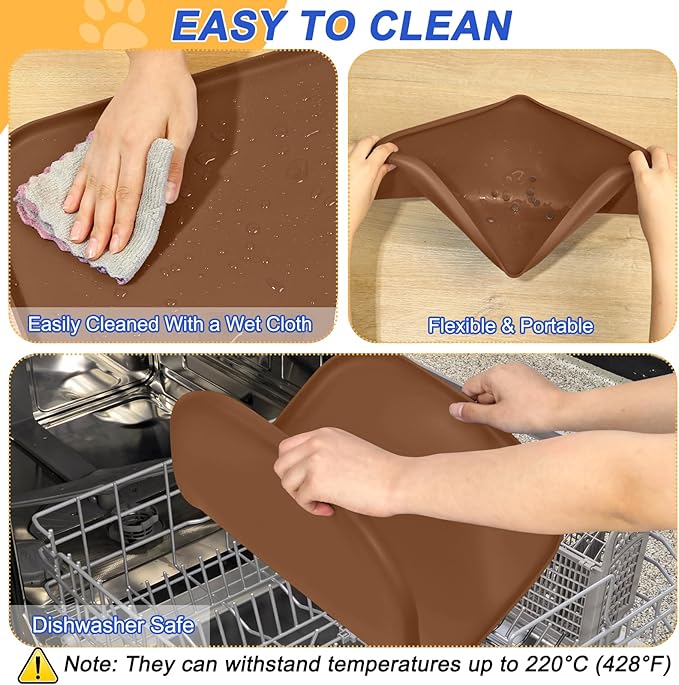 Silicone Pet Feeding Mat with Raised Edge for Food and Water, Dog Bowl Mats, Cat Bowls Placemat with High Lip for Floor Waterproof, Rubber Tray for Cats and Dogs 19 x 12 x0.7 Brown