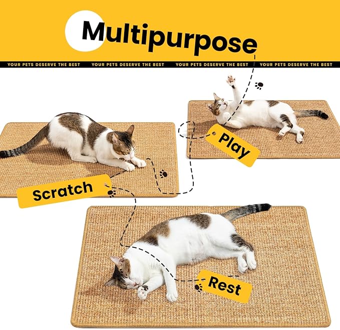 Cat Scratcher Mat,Sisal Cat Scratch Pad Rug,Wall Scratchers for Indoor Kitten Scratching&Stretching,Furniture Protector for Post&Sofas&Couch&Carpets&Floor,Kitty Bithday Gifts,Medium,Brown