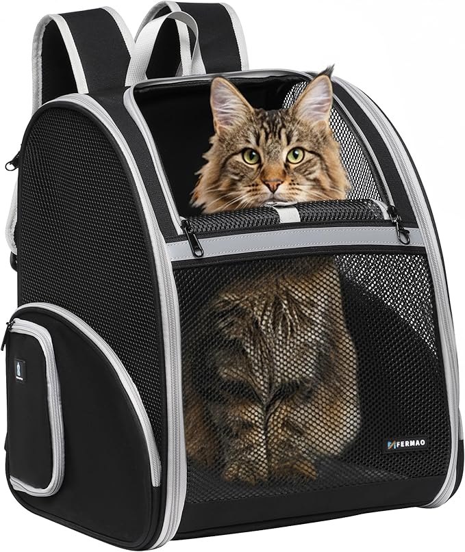 Pet Backpack Carrier, Large Cat Carrier Backpack Up to 20 Lbs with Breathable Mesh, for Medium Large Cats or Small Dogs, Travel Hiking Camping Backpack (Black-XL)